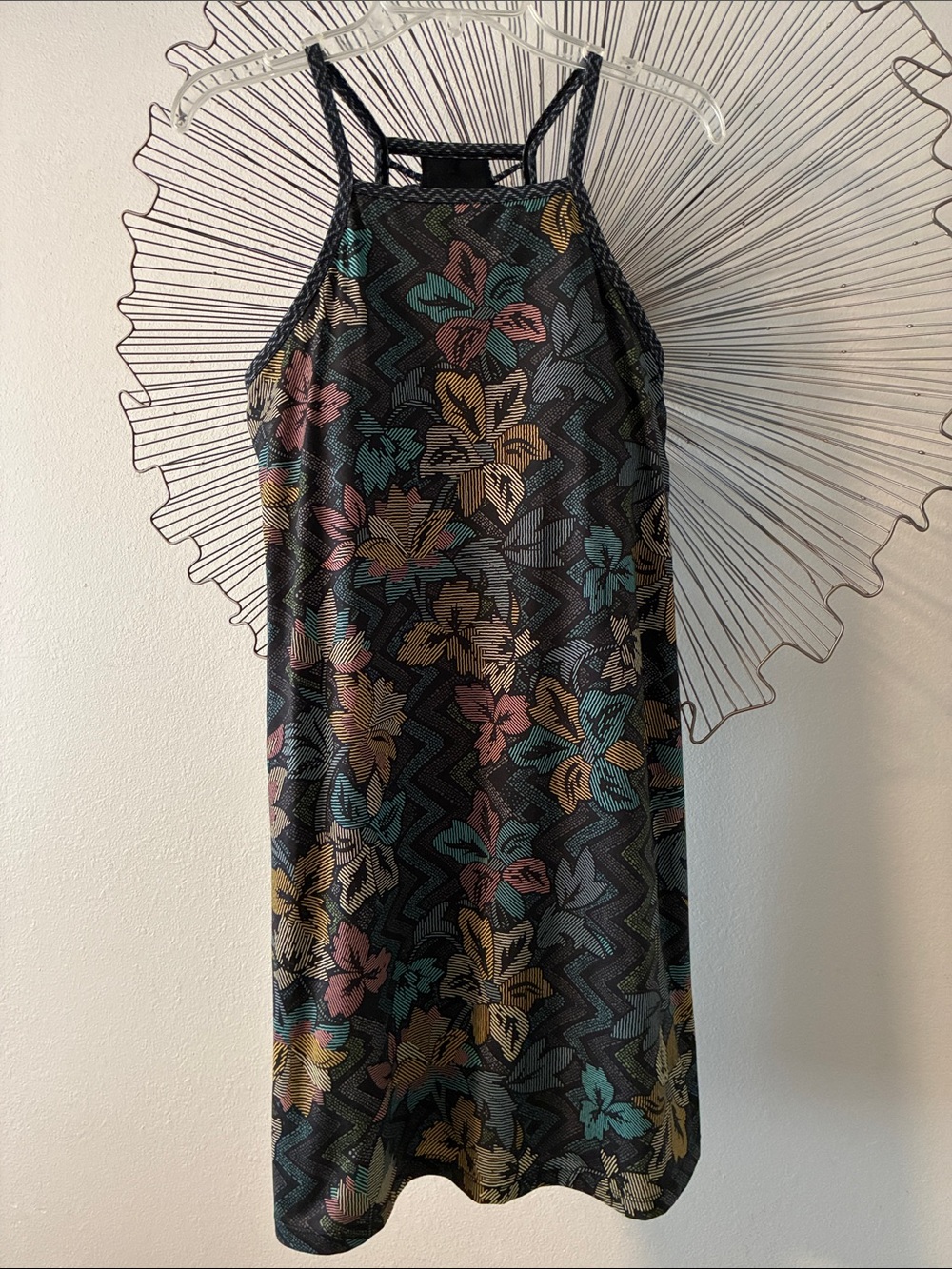 PrAna Sun Dress Multi Color on Black Background Shelf Bra Size S
